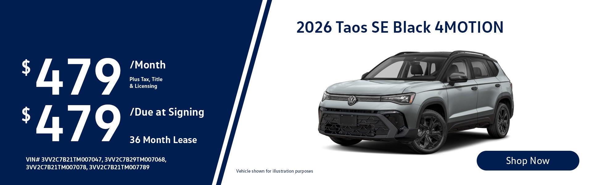 2026 Volkswagen Taos 1.5T SE Black Lease from $499/mo, $499 