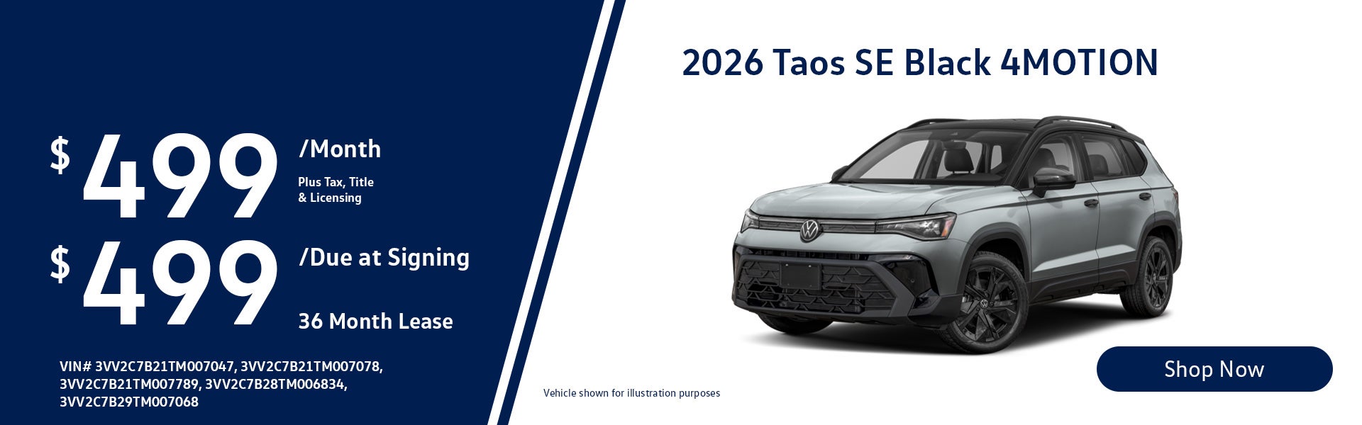 2026 Volkswagen Taos 1.5T SE Black Lease from $499/mo, $499 