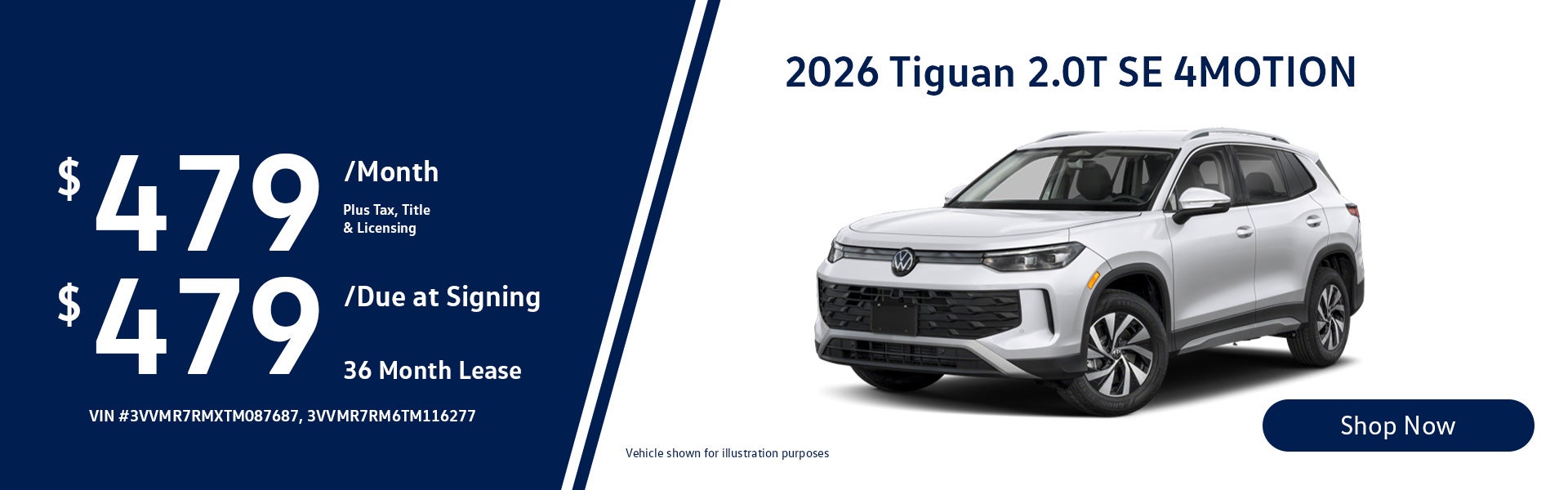 2026 Volkswagen Tiguan 2.0T SE Lease from $479/mo, $479 due 